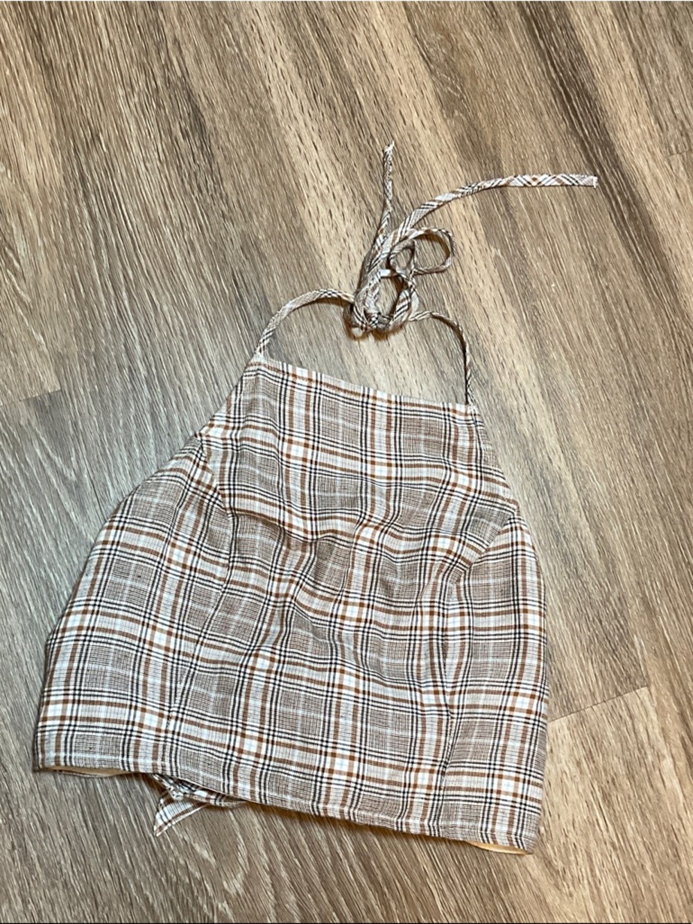 American Eagle Outfitters Plaid Halter Crop Top in Brown and Cream